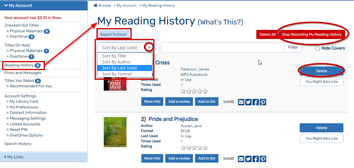 Screenshot of Reading History page